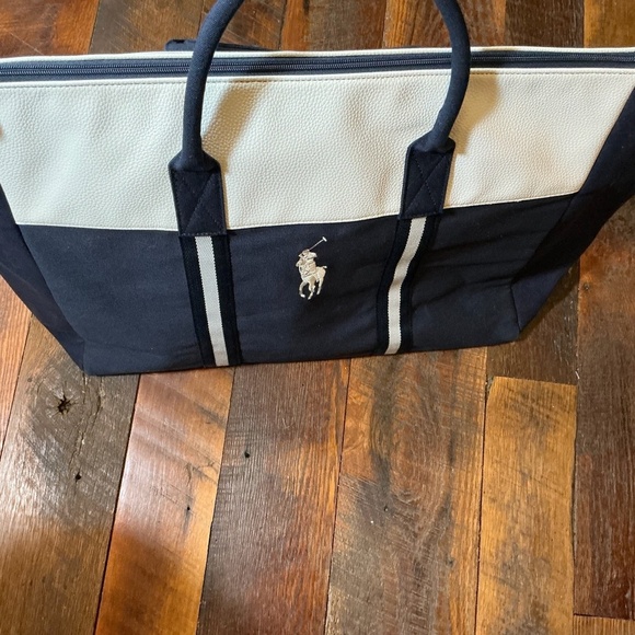 Polo Ralph Lauren Navy Canvas Leather Trim Large Tote Travel Carryall Bag - Picture 6 of 7